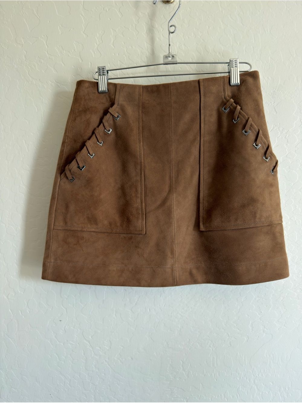 INTERMIX Gemma Light Brown 100% Goat Suede Whipstitch Lace-Up Mini Skirt 4